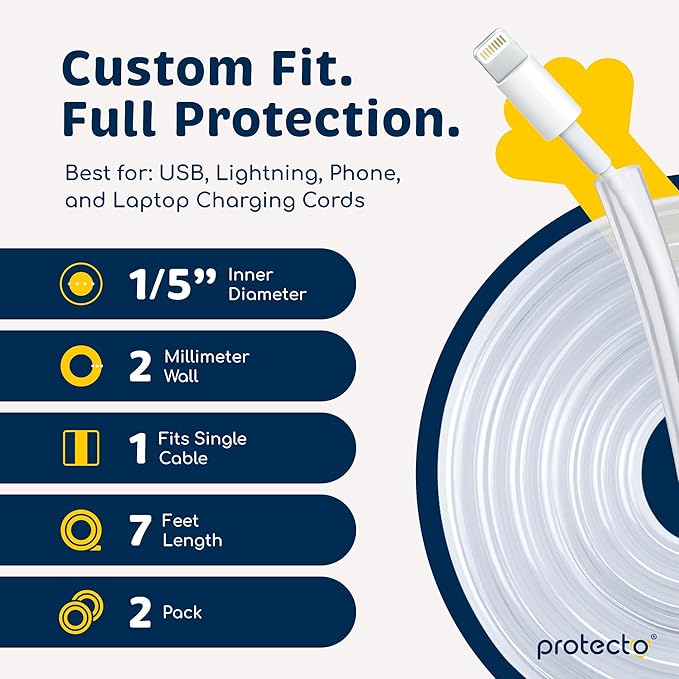 PROTECTO 2-Pack Heavy Duty Cord Protectors from Pets No Chew Solution, 7ft Easy to Use Dog & Cat Cord Protector, Clear & Odorless Critter Cord Covers for Pets, Power Audio Video Wire Protector Tubing
