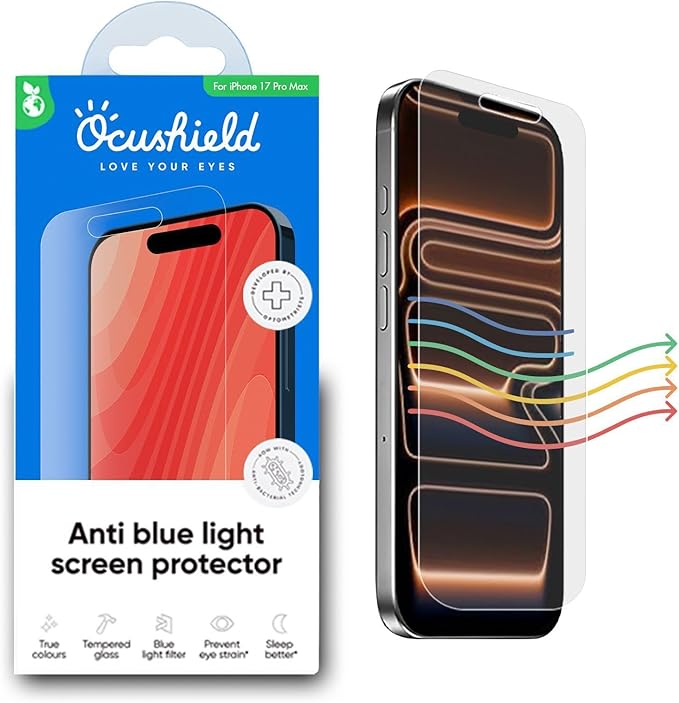 Ocushield Screen Protector for iPhone 17 Pro Max – Blue Light Tempered Glass, Blue Light Filter, 95% Transparency, Bubble-Free Install, Scratch-Resistant, Case Friendly