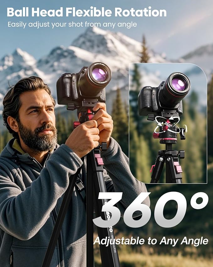 CAMBOFOTO 68" Lightweight Travel Camera Tripod with Ball Head, Compact Aluminum Tripod for DSLR/SLR, Compatible with Canon, Nikon, Binoculars, Telescope (Supports 8.8 lbs, Weighs 2.62 lbs)