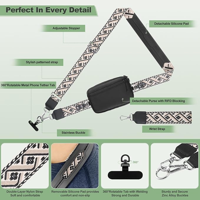 Clip and Go Strap for Phone with Wallet Crossbody, Adjustable Phone Lanyard with Detachable RFID Wristlet Wallet, Pattern Strap, Black (M)