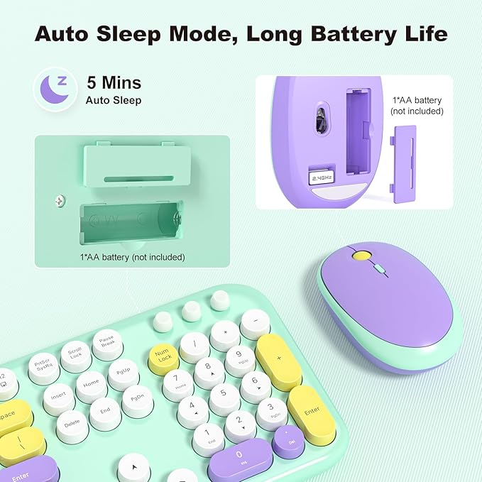 KNOWSQT Wireless Keyboard and Mouse Combo - Lovely Tiffany Blue Rainbow Full-Sized Typewriter Colorful Keyboards, Round Keycap Plug Play Retro Cute Keyboards for Windows, Laptop, PC, Desktop, Computer