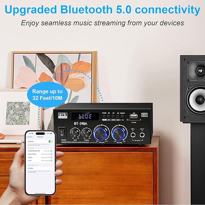 Romica Stereo Audio Amplifier, 2 Channel 450W x2 Bluetooth 5.0 Home Theater Power Amplifier with FM Radio, USB, SD, Optical & Coaxial Inputs, Amplifier for Passive Speakers and Active subwoofer