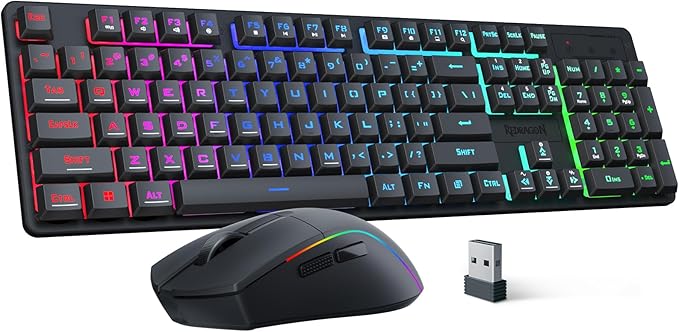 Redragon S107KS Wireless Gaming Keyboard and Mouse, RGB Backlit, 3 Mode (Wired/2.4G/BT), Up to 10,000 DPI Gaming Mouse with Software, Ultra Lightweight 65g, 25 Key Anti-Ghosting Keyboard for PC