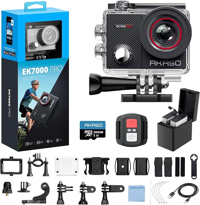 AKASO EK7000 Pro 4K30fps Action Camera with 256GB MicroSDXC U3 Card Accessories Kit Bundle, 20MP Ultra HD 131ft Waterproof Underwater Camera EIS WiFi Remote Control 5X Zoom Sport Cameras