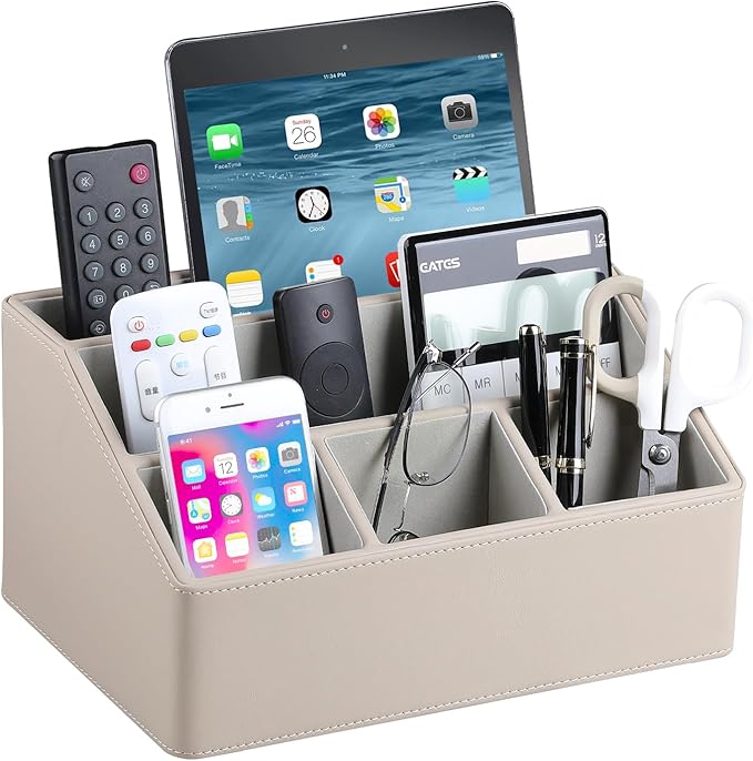 PU Leather Desk Organizer, Luxury Remote Control Holder for Home, Office Desk Accessories Table Caddy Bedside Nightstand Organizer (Dark Beige)