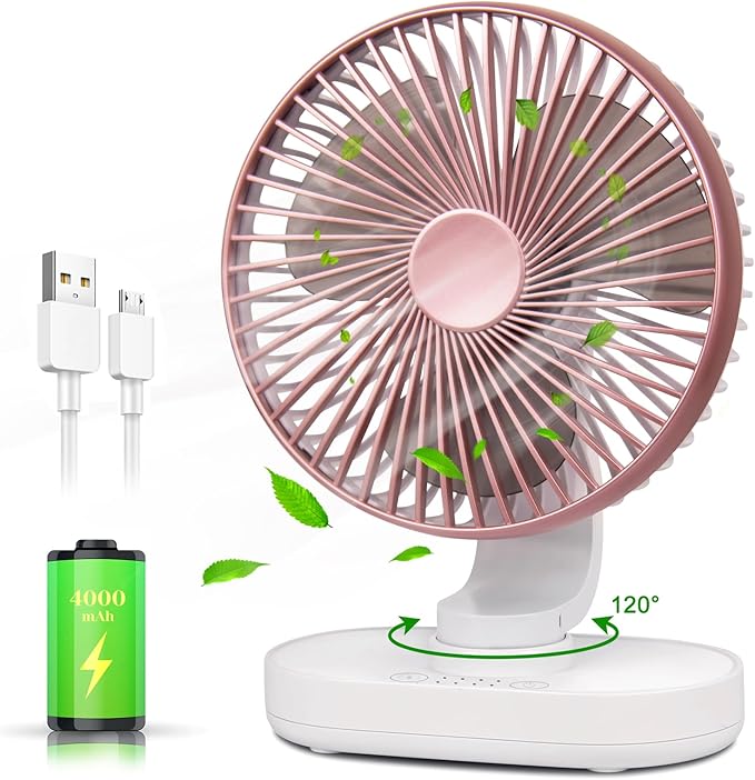 CONBOLA Small Desk Fan for Bedroom, 4000mAh Battery Powered Rechargeable Fan, 90° Vertical Manual and 120° Oscillating Fan, 4 Speeds Quiet Air Circulator Table Fan for Home Office, Pink