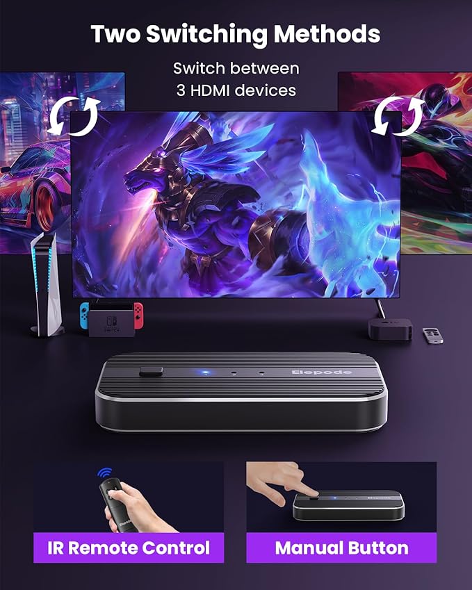 HDMI Splitter with Remote, 3 in 1 Out 4K@60Hz Elepode HDMI Switch, HDMI 2.0 Switch Box Hub for 3D, HDCP2.2, HDR, Compatible with Xbox, PS5/4/3, Fire Stick Roku Blu-Ray Player