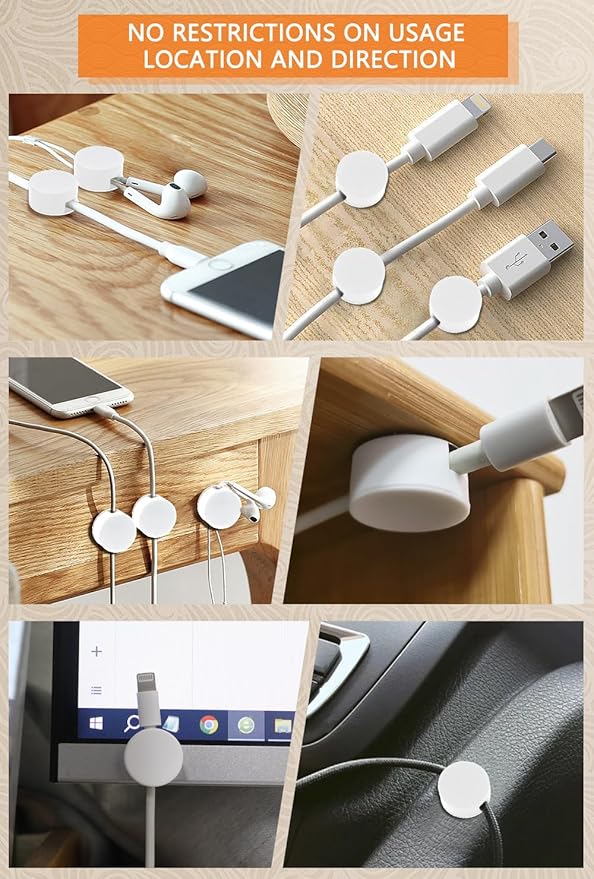 Maveek 5 Sets Magnetic Cable Management Clips with Discs, Adhesive Cable Holder Electrical Wire Clips Cord Organizer for Desktop Wall Kitchen USB LAN Type-c (White)