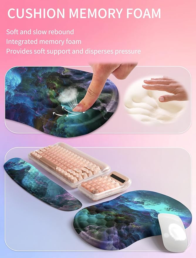Hokafenle 2in1 Combination, Wave Keyboard Wrist Rest and Ergonomic Curvature Mouse Pad Wrist Support for Relieve Wrist Pain, Filled with Soft Cushion Memory Foam, Nebula Dreamland