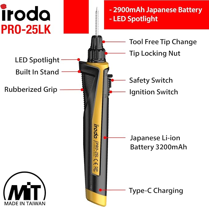 Iroda SolderPro 25LK Battery Soldering Iron Kit, Pro Grade 30W Type C USB Rechargeable Soldering Iron | 3200mAh Japanese Battery | LED Spotlight, With 3 Tips & Case