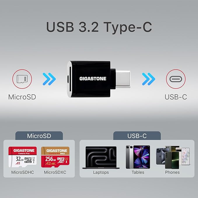 [5-Yrs Free Data Recovery] GIGASTONE 128GB Micro SD Card with USB 3.2 Type C Card Reader, 4K Camera Pro MAX, Speed Up to 120MB/s Compatible with Gopro, DJI, Dash Cam, MicroSDXC UHS-I A2 V30 U3