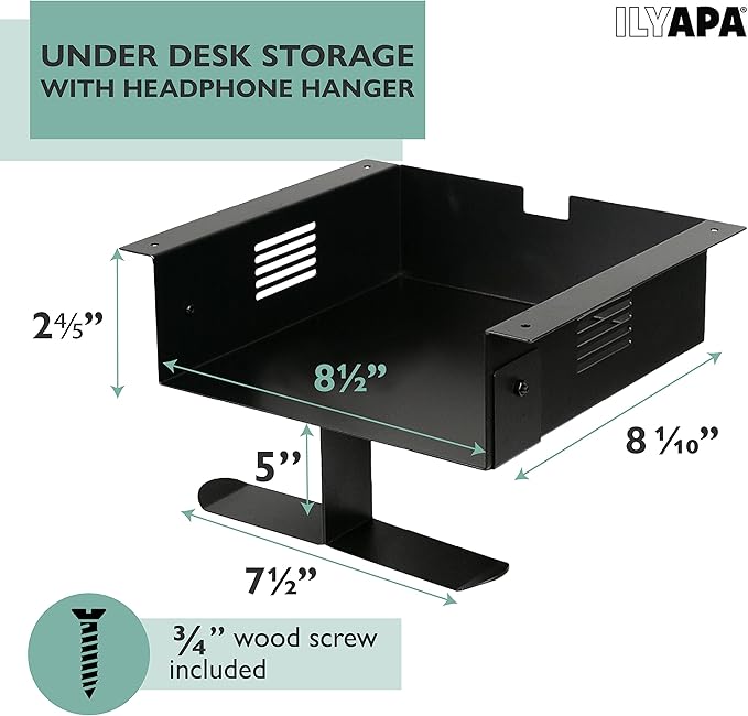 Ilyapa Under Desk Mount, Steel CPU Under Desk Computer Mount with Vents for Home Office Storage, Gaming Console Shelf - 2.8 x 8.1 x 8.5
