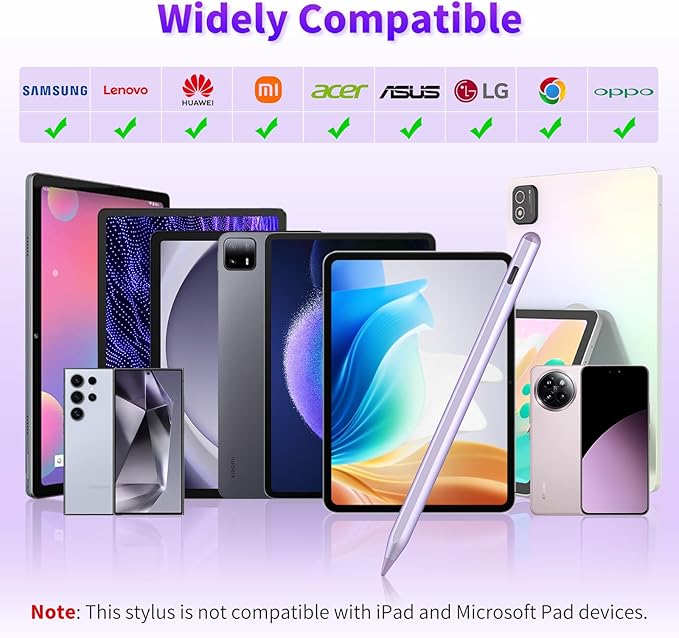 Stylus Pen for iOS&Android Touch Screens, Active Pencil for Samsung, Smart Digital Stylus Pens for Lenovo/Huawei/Vivo/Mi and Other Tablets, iPhone/Google Pixel Smart Phones Drawing&Writing (Purple)