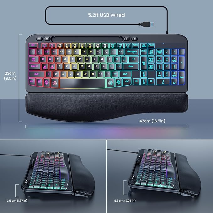 Ergonomic Backlit Keyboard with Wrist Rest, 7 Colors USB Wired Computer Keyboard, Wave Keys, with Phone/Tablet Holder, Comfortable Lighted Keyboard for PC, Windows and Mac