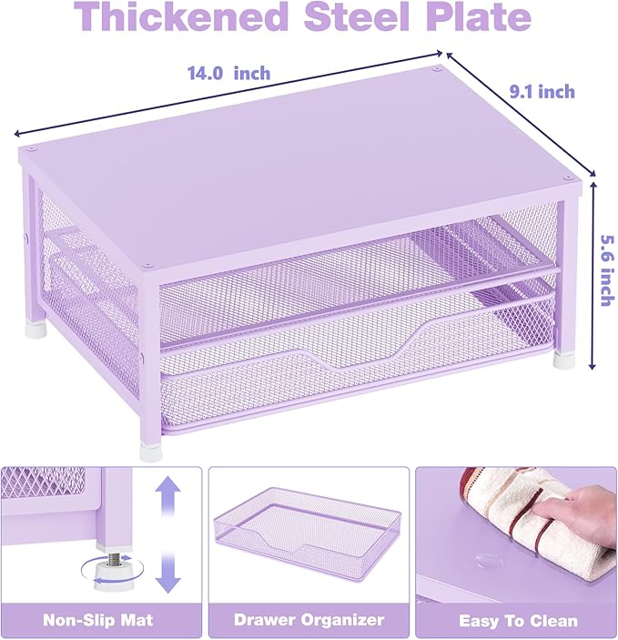 Desk Organizers and Accessories, 2-Tier Computer Monitor Stand Riser with Drawer, Laptop Stand, Office Desk Accessories, Workspace Desktop Organizer for Office Supplies, Purple