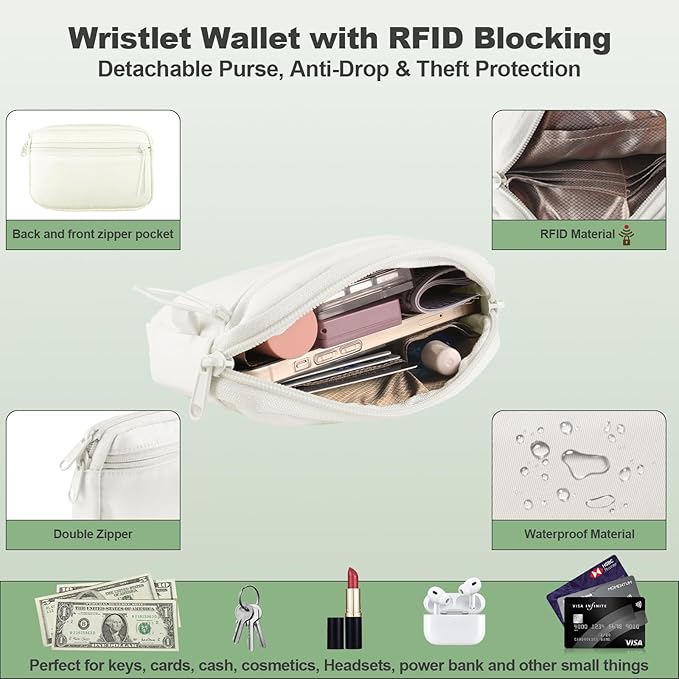 Clip and Go Strap for Phone with Wallet Crossbody, Adjustable Phone Lanyard with Detachable RFID Wristlet Wallet & Ultra-Thin 360° Rotatable Metal Tabs for All Smartphones (Cream)