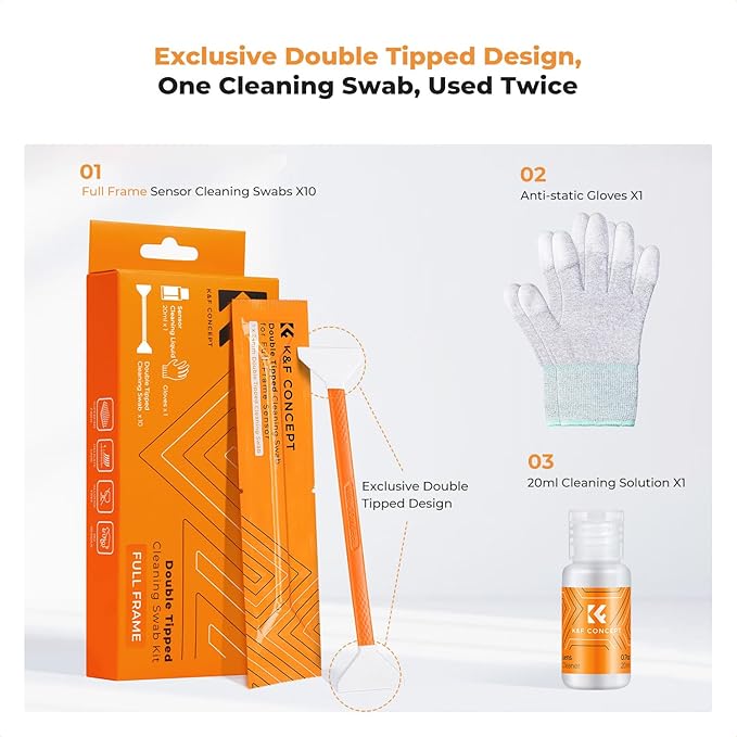 K&F Concept Full Frame Sensor Cleaning Kit, Mirrorless Camera Cleaner Kit - 20ml Sensor Cleaner, 10 X 24mm Double-Tipped Full Frame Sensor Cleaning Swabs & Gloves