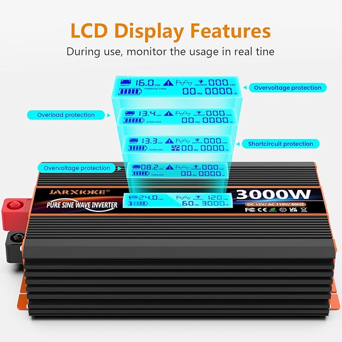 3000 Watt Pure Sine Wave Power Inverter 24V DC to 110V 120V Converter for Family RV Off Grid Solar System Car with Type-C Ports 4 AC Power Outlets Dual USB Ports LCD Display Wireless Remote Control