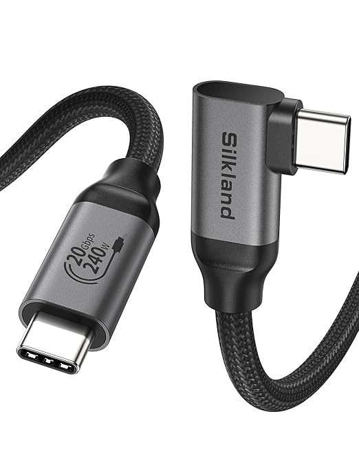 Silkland USB C Monitor Display Cable Right Angle 4FT [5K/4K@60Hz 8K@30Hz], 90 Degree USB C 3.2 Gen 2x2 Video Cable, 20Gbps Data Transfer, 240W Fast PD Compatible for MacBook Pro, iPad, iPhone 16