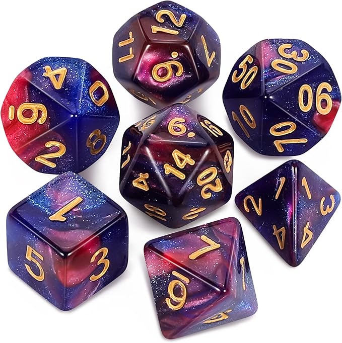 QMAY DND Dice Set - Polyhedral Dice (Blue Mix Purple Nebula) 7 Pcs for Dungeon and Dragons D&D RPG Role Playing Games Dice with Dice Bag