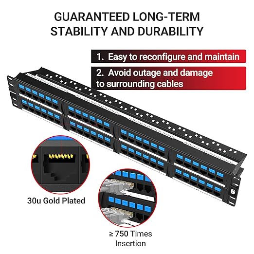 AMPCOM CAT6 48 Ports Patch Panel, Rack Mount - 2U, 19 inch, RJ45 Ethernet 568A 568B, 50u Gold Plated, with Rear Cable Management Bar