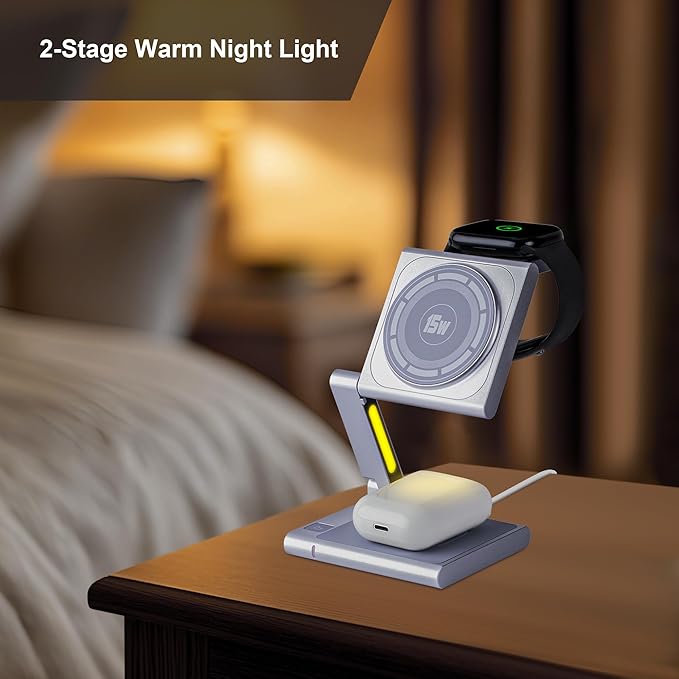 Fast Wireless Charging Station, Foldable for Travel w/Light, Modern All Aluminum Alloy Body, 4 in 1 Charger Compatible with MagSafe for Apple iPhone 16/15/14/13/12, AirPods and Apple Watch [Silver]