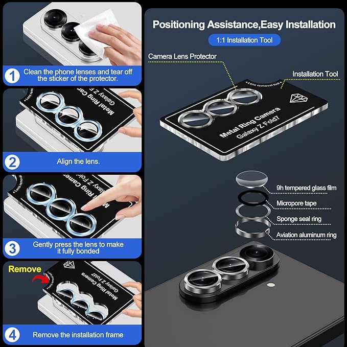 for Samsung Galaxy Z Fold 7 Camera Lens Protector, Individual Metal Ring Tempered Glass Lens Cover, [Strong Adsorption] Scratch Resistant Ultra-Thin HD Clear Lens Cover, 1 Set-Black