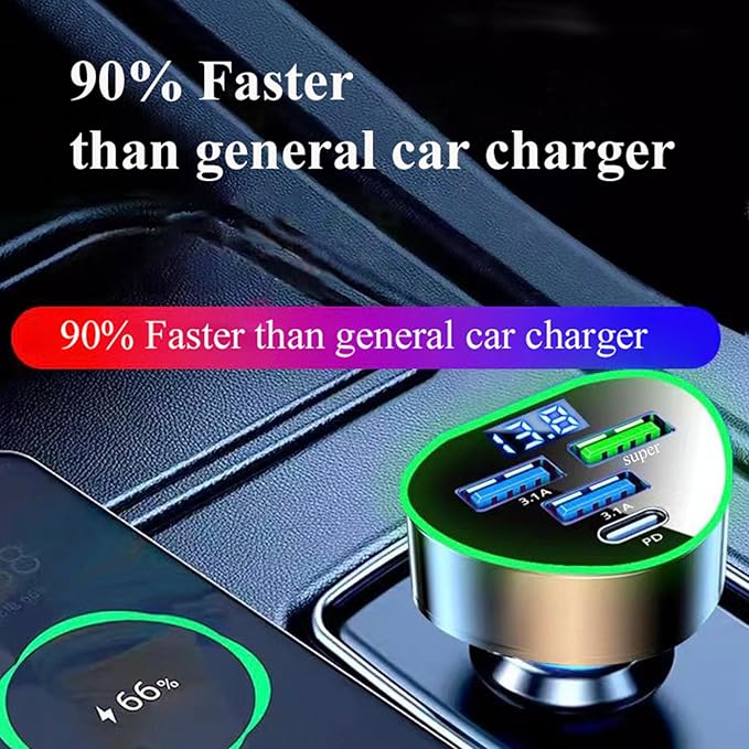 Multi Port USB C Car Phone Charger Adapter 4 in 1 with Voltage Display Super Fast Cigarette Lighter USB Charge with Volt Meter for iPhone 16/15/14/13/12 Galaxy Android Phones