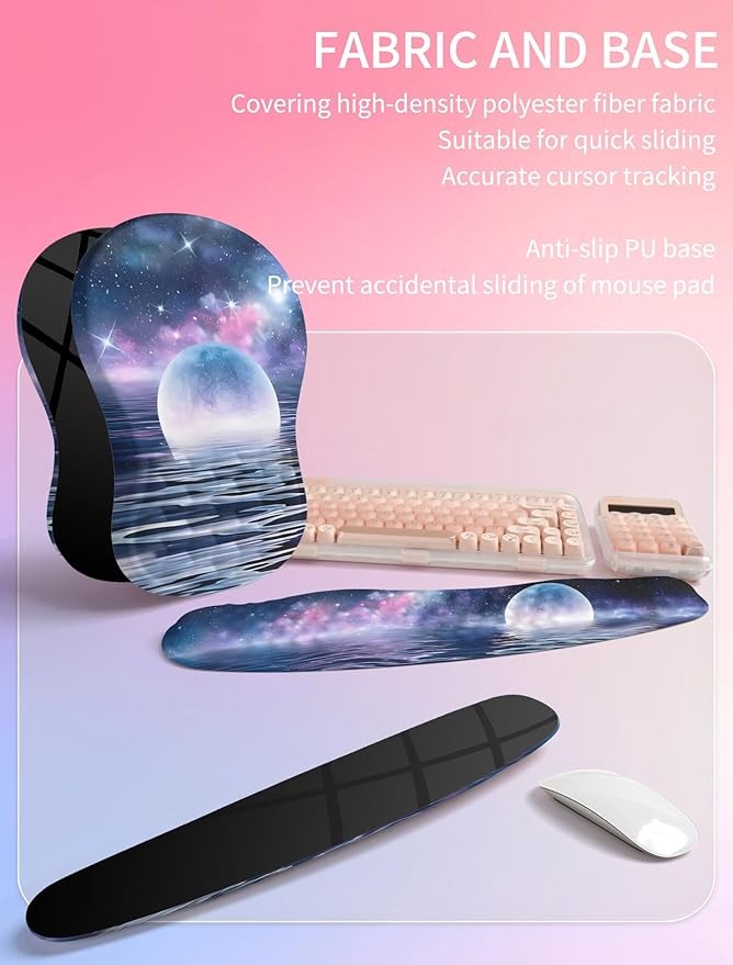 Hokafenle 2in1 Combination, Wave Keyboard Wrist Rest and Ergonomic Curvature Mouse Pad Wrist Support for Relieve Wrist Pain, Filled with Soft Cushion Memory Foam, Moonlit Starry Sea