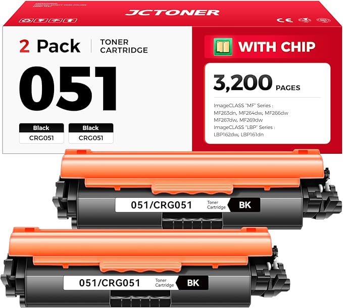 051 Black Toner Cartridge 2-Pack with chip Replacement for Canon 051 CRG-051 051H Compatible for Canon ImageCLASS MF264dw MF267dw MF269dw LBP162dw MF266dw MF263dn LBP161dn Laser Printer Ink All-in-One