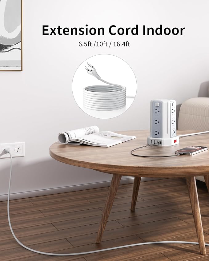 Power Strip Surge Protector, 10 Ft Extension Cord with 12 AC Multiple Outlets 4 USB (1 USB C), SMALLRT Power Tower Desktop Charging Station (White, 6.5 FT)