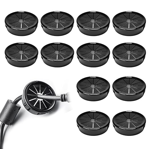 12 Pcs Cable Grommet, Snap Bushing 1-9/16" (40 mm) Mounting Diameter, Flexible Petal-Shaped Buckle Round Nylon Desk Grommet for Wires Through Countertop Cord Organizer and Protection, Black
