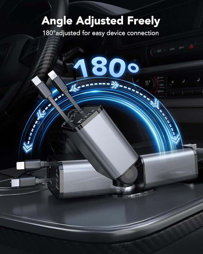 69W Retractable Car Charger, 4-in-1 Fast Car Phone Charger with 2.6ft Two Retractable Cables and USB C+USB A Car Charging Block Cube, Compatible with iPhone 16 15 14 13 12 Pro Max Plus,Galaxy,Pixel
