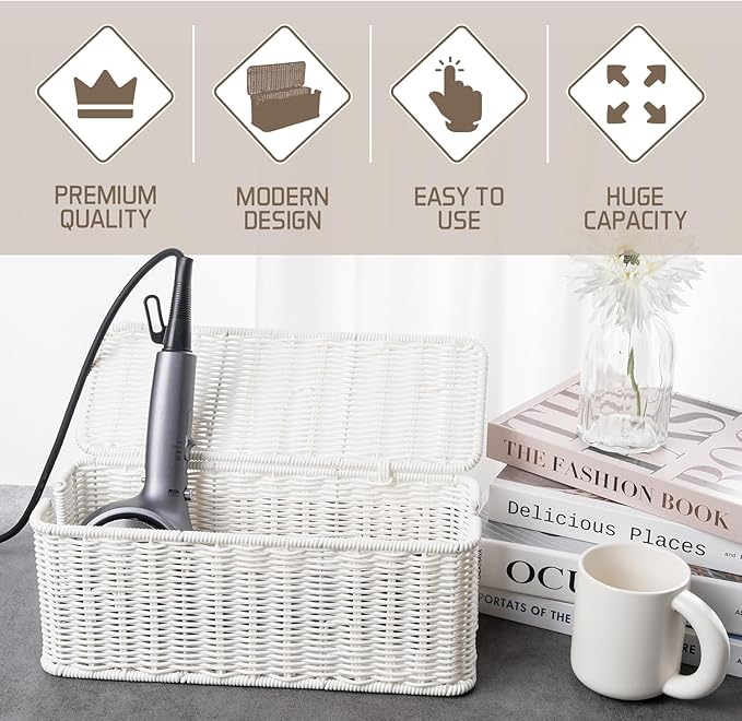 Cable Management Box, Handmade Rattan Cable Organizer, 2 Open Slots Cords Hider Box, Under Desk Cord Organizer for Computer Router USB Hub & Power Strip, Patent Pending, 13" x 5.1" x 5.1", White