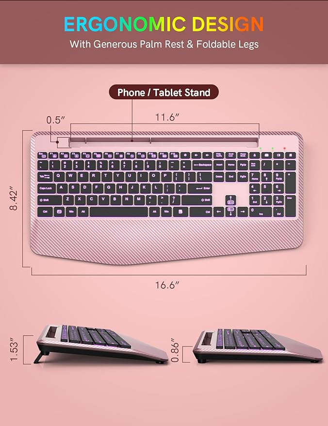 Wireless Keyboard with 7 Colored Backlits Wrist Rest, Phone Holder, Rechargeable Ergonomic Computer Keyboard with Silent Key, Full Size Lighted Keyboard for Windows, Mac, PC, Laptop (Rose gold)