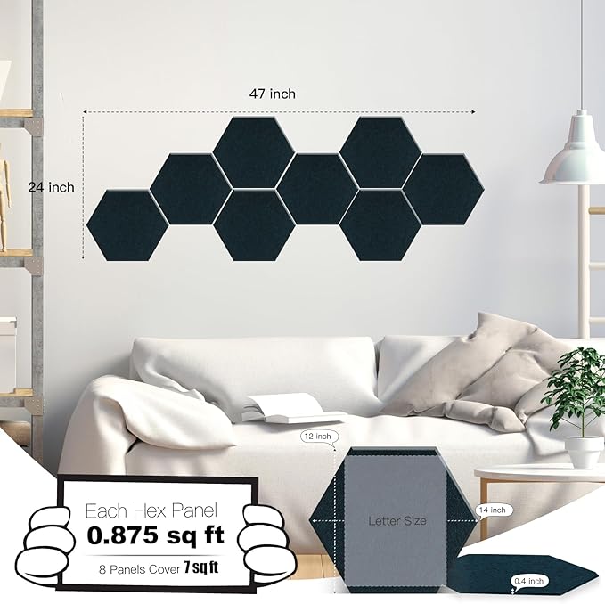 Mollywell Hexagon Acoustic Panels, High Density, Soundproofing, Decorative Noise Reduction Felt Wall Tiles for Ceilings, Home Office & Gaming Room (Dark Green), 14x12x0.4 Inch