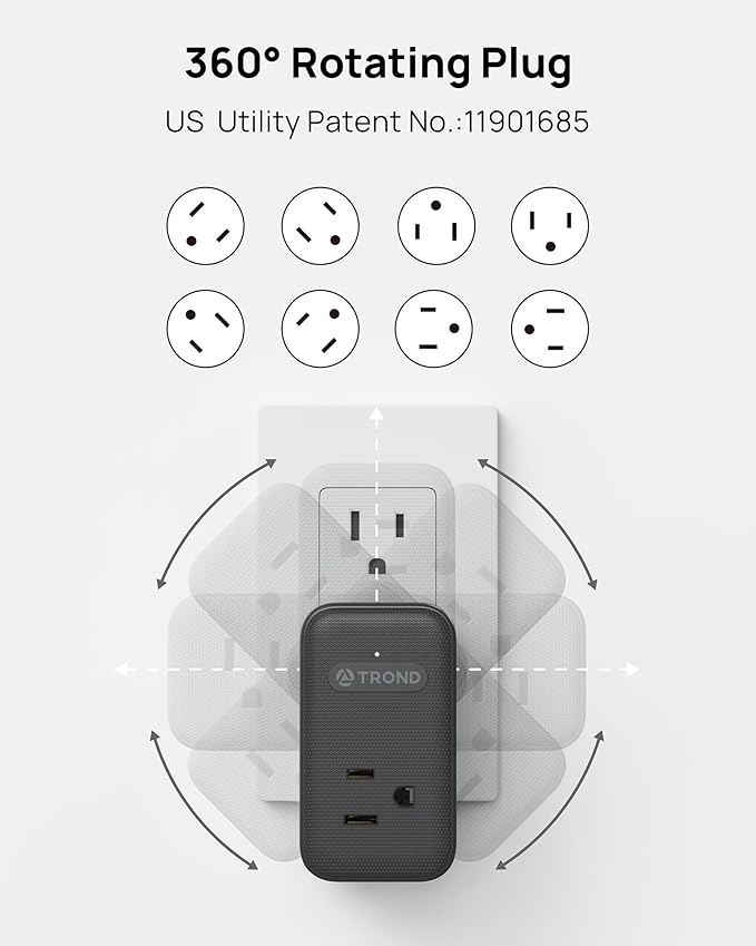 TROND Multi Plug Outlet Extender, 3 AC Outlet Adapter with 360 Rotating Plug, Black Power Splitter with PD 20W USB C Charger, A Compact Solution to Home Dorm Room Travel Cruise Essentials