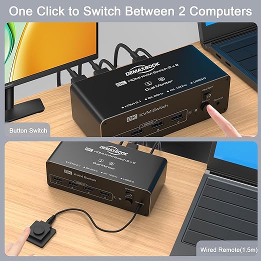 DEMEXBOOK HDMI KVM Switch 2 Monitors 2 Computers 8K@60Hz 4K@120Hz, with 4 USB 3.0 Ports for 2 Computers Sharing 2 Monitors, Extended/Copy Mode, with Power Adapter,Includes Remote & 2 USB Cables