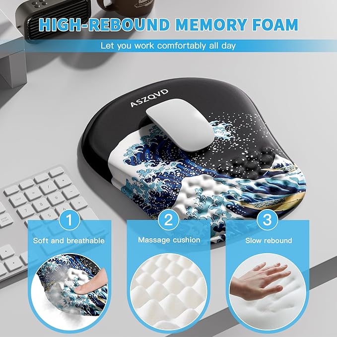 Mouse Pad with Wrist Rest, Ergonomic Mousepads with Wrist Support, Soft Lycra Fabric Memory Foam Office Desk Accessories for Comfort/Pain Relief/PC Gaming/Computer/Laptop (Black Kanagawa)