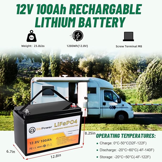 12V Lithium Battery-100Ah Lithium Phosphate Iron LiFePO4 Deep Cycle Battery,100A BMS,4000+ Cycles,Perfect for RV,Trolling Motor,Home Storage,Solar Power System and Outdoor Camping