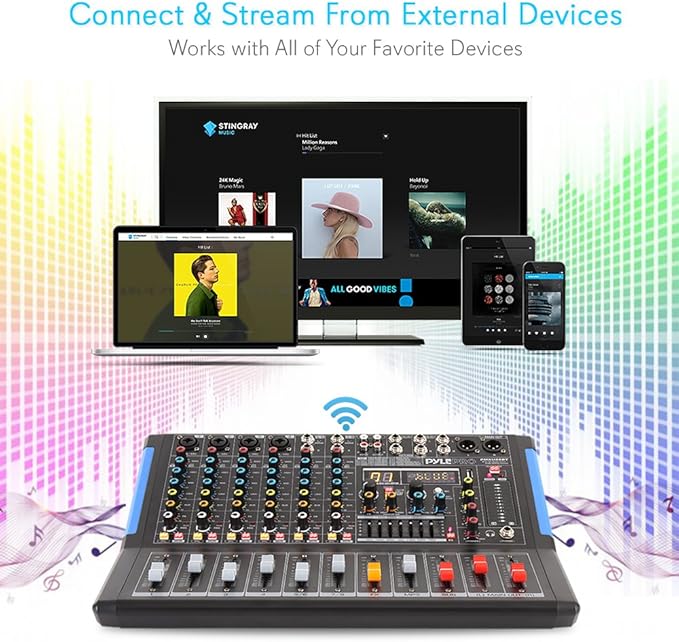 Pyle 8-Channel Bluetooth Studio Audio Mixer- DJ Sound Controller Interface w/ USB Drive for PC Recording Input, XLR Microphone Jack, 48V Power, RCA Input/Output for Professional & Beginners- PMXU88BT