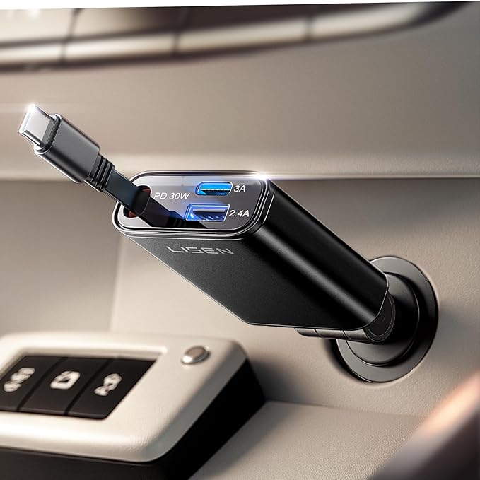 LISEN Car Charger USB C Fast Charging Retractable,【75% Less,Ultra Mini】 57W Fast iPhone 16/15 USBC Type C Car Charger Retractable for iPhone 16e 16 15 Pro Max Plus，Samsung Galaxy S25/24，Android,Black