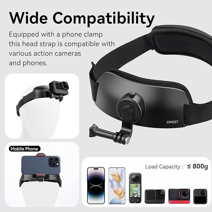 ULANZI CM027 Phone Head Strap Mount Support Vertical Shots for iPhone, GoPro Hero 12 11 10 9 8 7 6 5 4 Session 3+ 3 2 1 Max, DJI Osmo Action, Insta360, Action Cameras Head Mounted Phone Holder