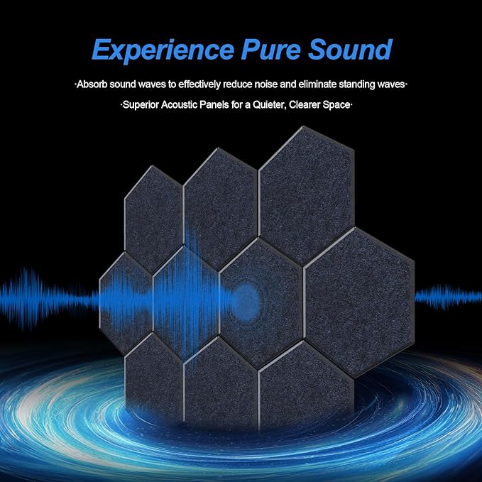 Mollywell Hexagon Acoustic Panels, High Density, Soundproofing, Decorative Noise Reduction Felt Wall Tiles for Ceilings, Home Office & Gaming Room (Ink Blue), 14x12x0.4 Inch
