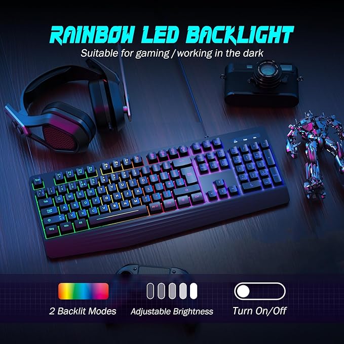 Gaming Keyboard, 7-Color Rainbow LED Backlit, 104 Keys Quiet Light Up Keyboard, Wrist Rest, Whisper Silent, Anti-ghosting Multimedia Keys, Waterproof USB Wired Keyboard for PC Mac Xbox