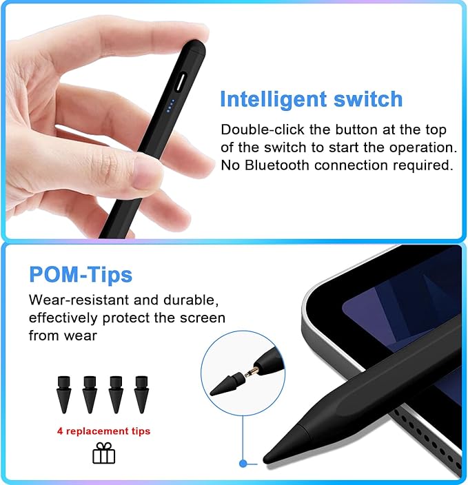 Stylus Pen for iPad 9th&10th - Type-c Charging Pencil for ipad Palm Rejection Active Pen Compatible with (2018-2025) Apple iPad 6/7/8/9/10/11(A16), Air 3/4/5/M2/M3, Mini 5/6, Pro 11"/12.9"/M4（Black）
