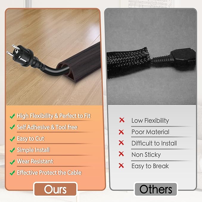 Floor Cord Cover for Wires on Floor Self Adhesive Cord Hider Floor Cable Management Wire Covers for Cords Protector Prevent Cable Trips Cord Cavity W 0.32" x H 0.32", Black Walnut, 10Ft