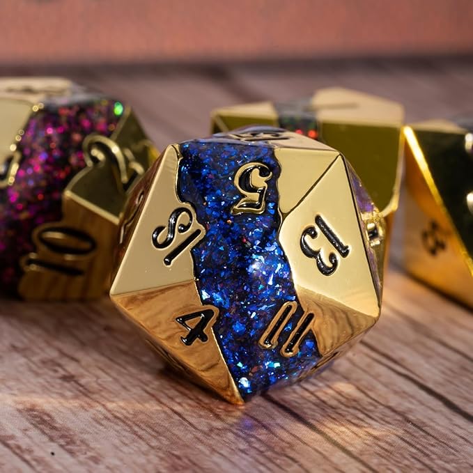 Metal DND Dice Set,Mica Glitter Stripe Dice Set with Gift Box,Metallic 7pcs Polyhedral Dice Set for RPG