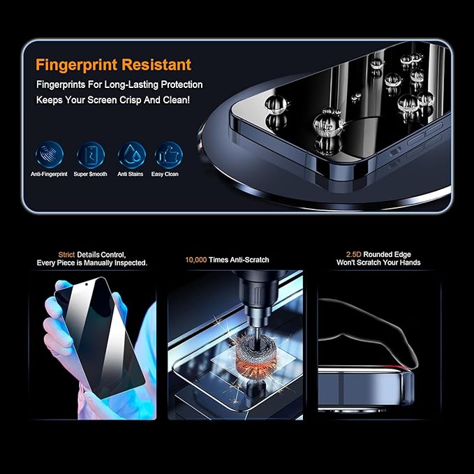 OneFish Screen Protector Privacy for iPhone 14Pro/15, Anti-Spy Tempered Glass Private, Edge Protection Screen Protector with Installation Frame, 9H Glass Scratch Resistant,2Pack.