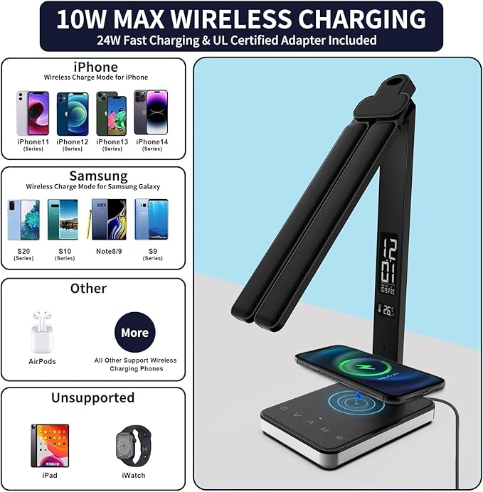 LED Desk Lamp with Charger, USB Charging Port, Dual Swing Arm Desk Light with 5 Brightness, 3 Colors, Table Lamp with Clock, Alarm, Date, Temperature, Desk Lamp for Home Office Study (Black)